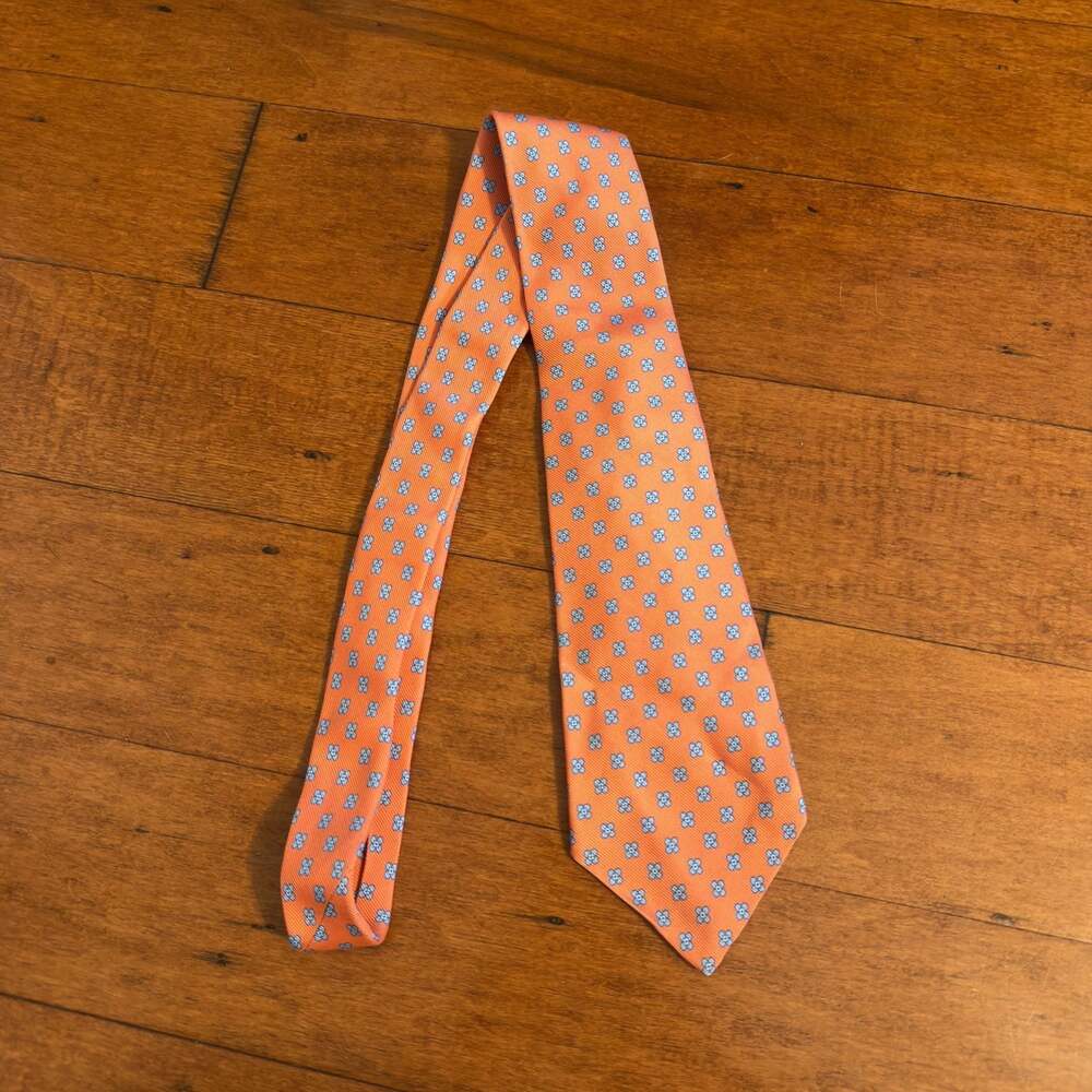 Kiton Napoli Men's Silk Tie in Orange with Blue Floral Pattern